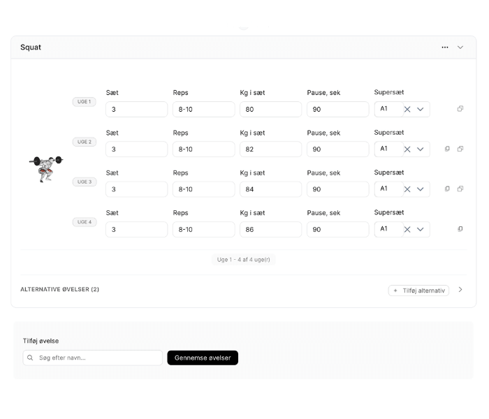 Personlig træner software — træningsprogram-builder med øvelser, sets og supersets