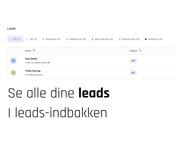 Lead-indbakke i Coachplan med statusfilter: Alle, Ny, Kontaktet, Kvalificeret, Ikke relevant, Konverteret, Arkiveret