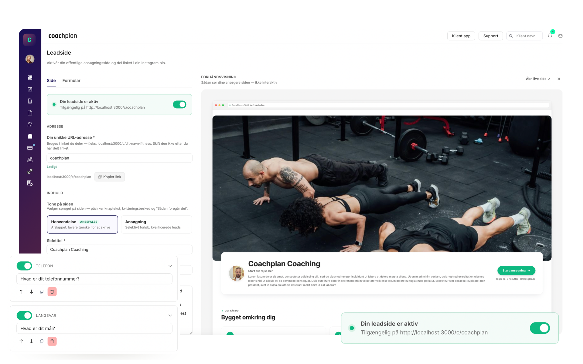 Leadside-editor i Coachplan — vælg hero-billede, logo, primærfarve og spørgsmål mens du ser ændringerne live i højre side