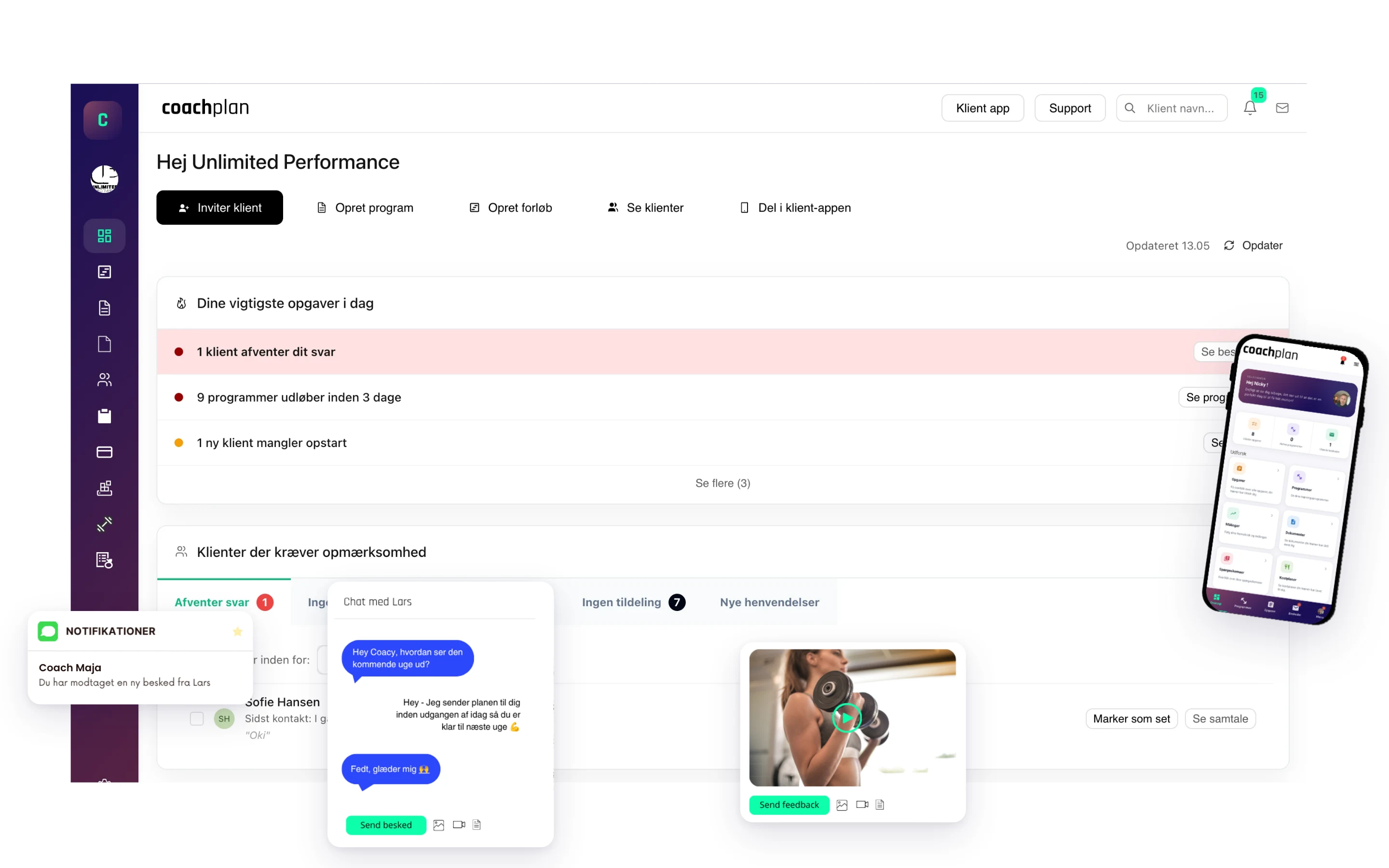 Coachplans dashboard med dagens vigtigste opgaver, en notifikation om en ny besked, en chat med en klient, feedback på en træningsvideo og klient-appen på mobilen
