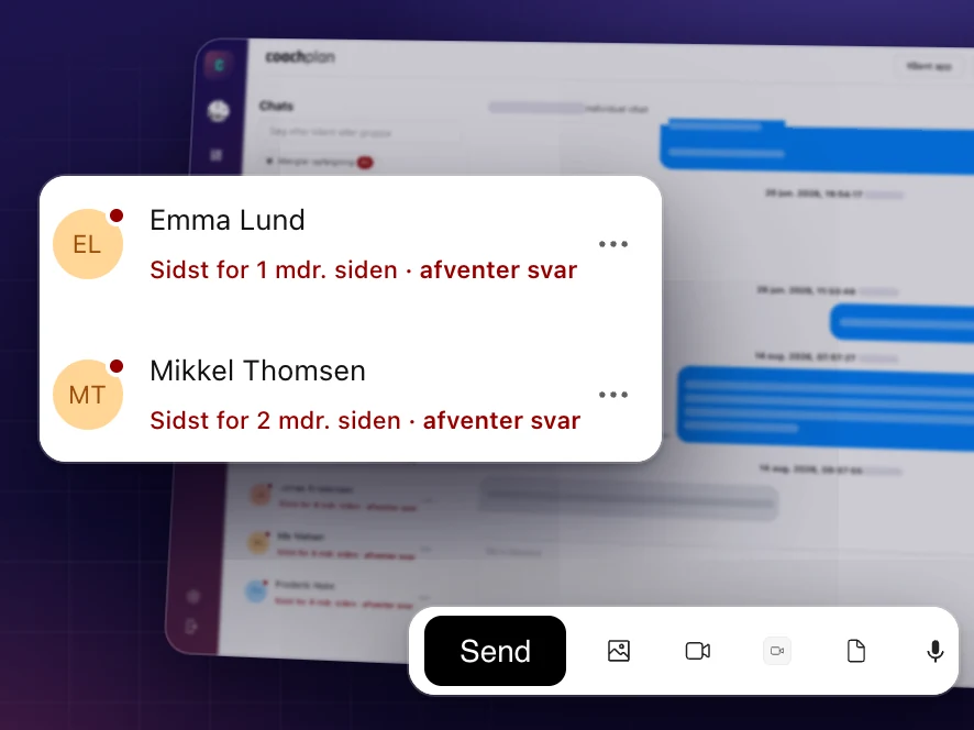 Chats i Coachplan: se hvilke klienter der venter på svar, og svar med tekst, billeder, video eller filer