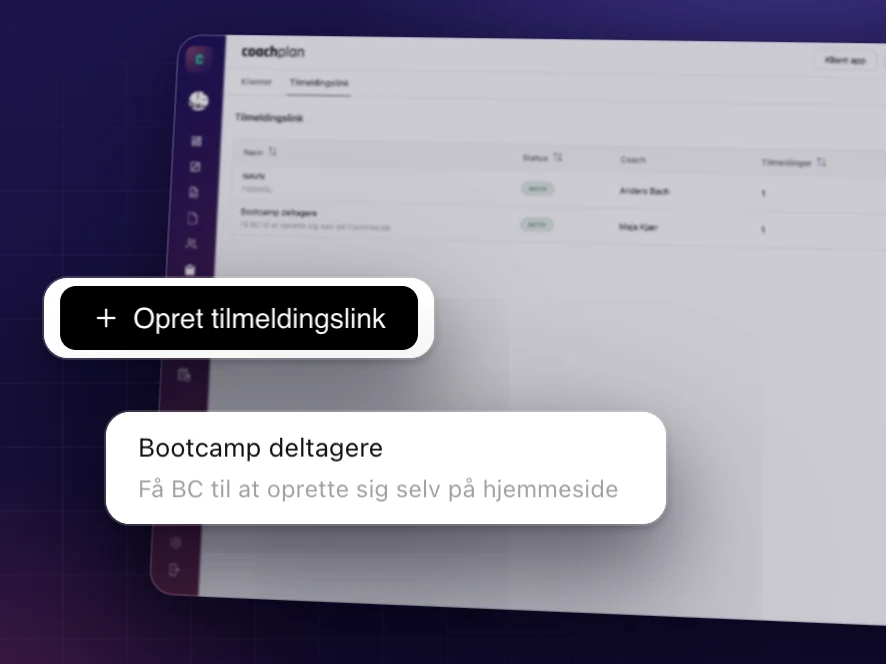 Tilmeldingslinks i Coachplan: opret et link, del det, og nye klienter opretter sig selv, fx fra din hjemmeside