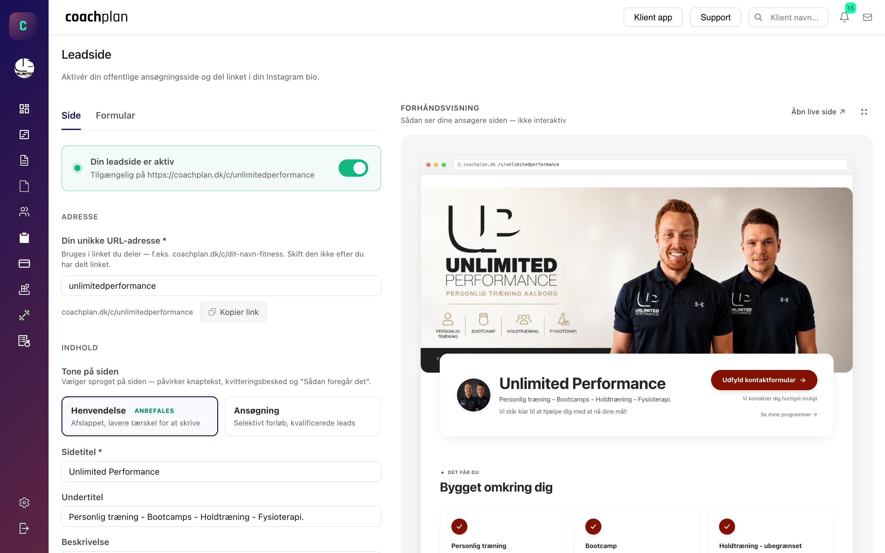 Leadside-editoren i Coachplan: slå din offentlige side til, kopiér linket til din Instagram-bio, vælg tonen og se siden live ved siden af