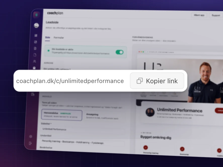 Din leadside er aktiv i Coachplan, med din egen adresse og en knap til at kopiere linket, så du kan dele det på Instagram