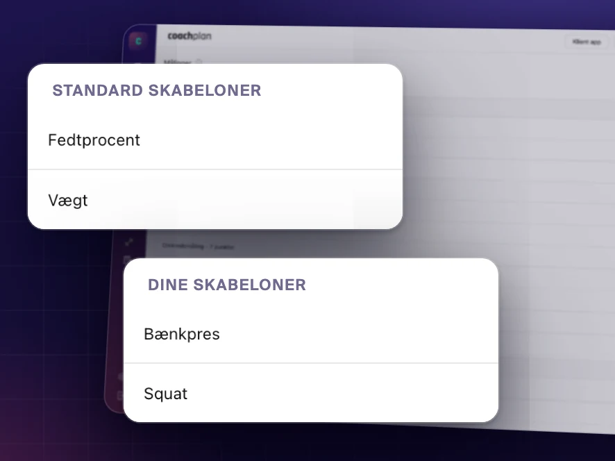 Måletyper i Coachplan: standardskabeloner som omkreds, fedtprocent og vægt, og dine egne som bænkpres og squat