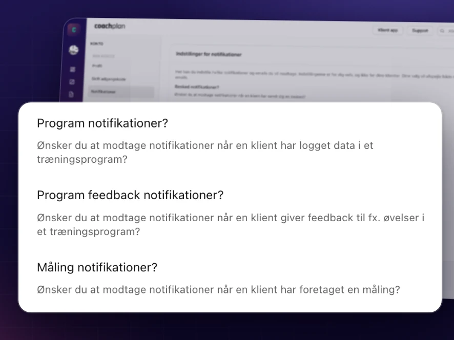 Indstillinger for notifikationer i Coachplan: få besked, når en klient logger træning, giver feedback eller foretager en måling