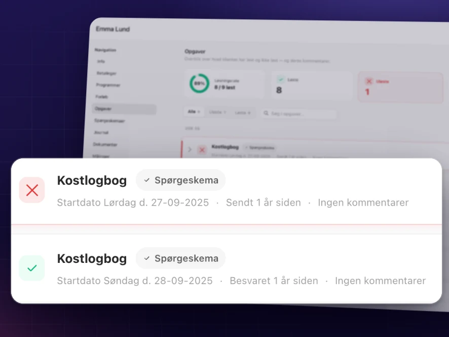 Den samme opgave frigivet dag for dag på en klients opgaveliste i Coachplan, hvor hver dag er markeret som løst eller uløst