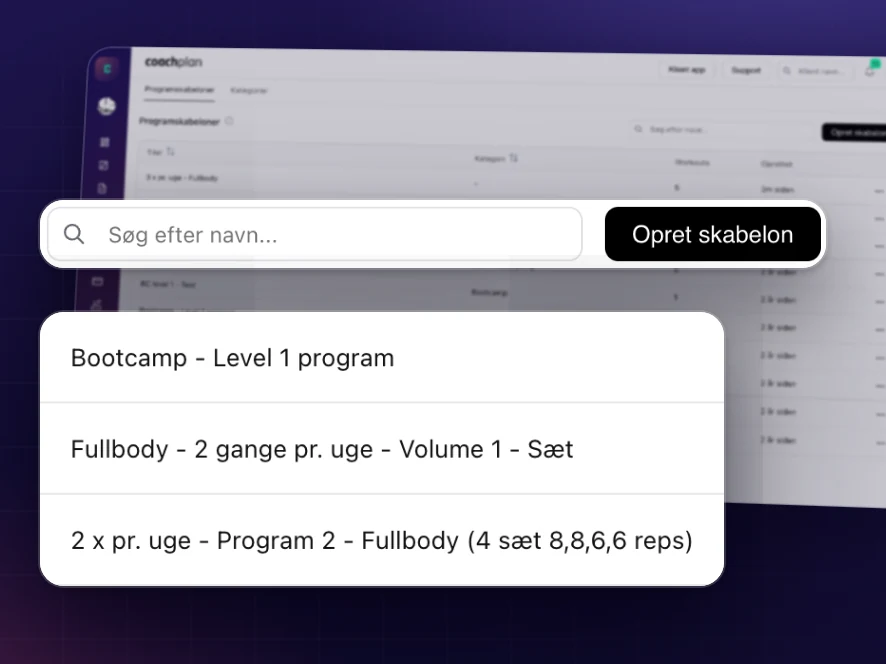 Programskabeloner i Coachplan: gemte programmer, du kan søge i og genbruge, med en knap til at oprette en ny skabelon