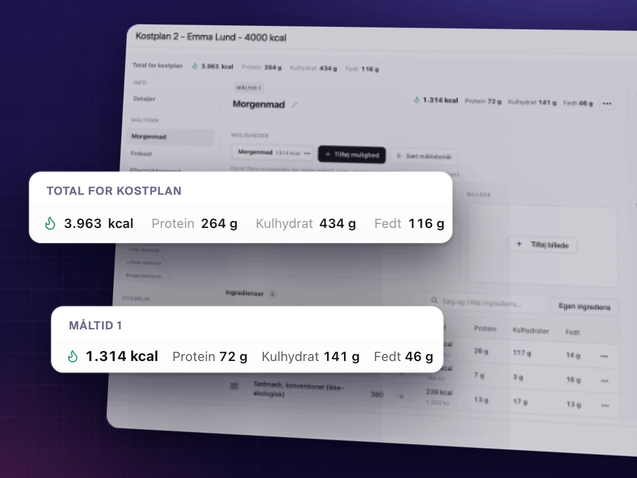 Kostplan i Coachplan, hvor kalorier, protein, kulhydrat og fedt lægges sammen for hele planen og for hvert måltid, mens du bygger den